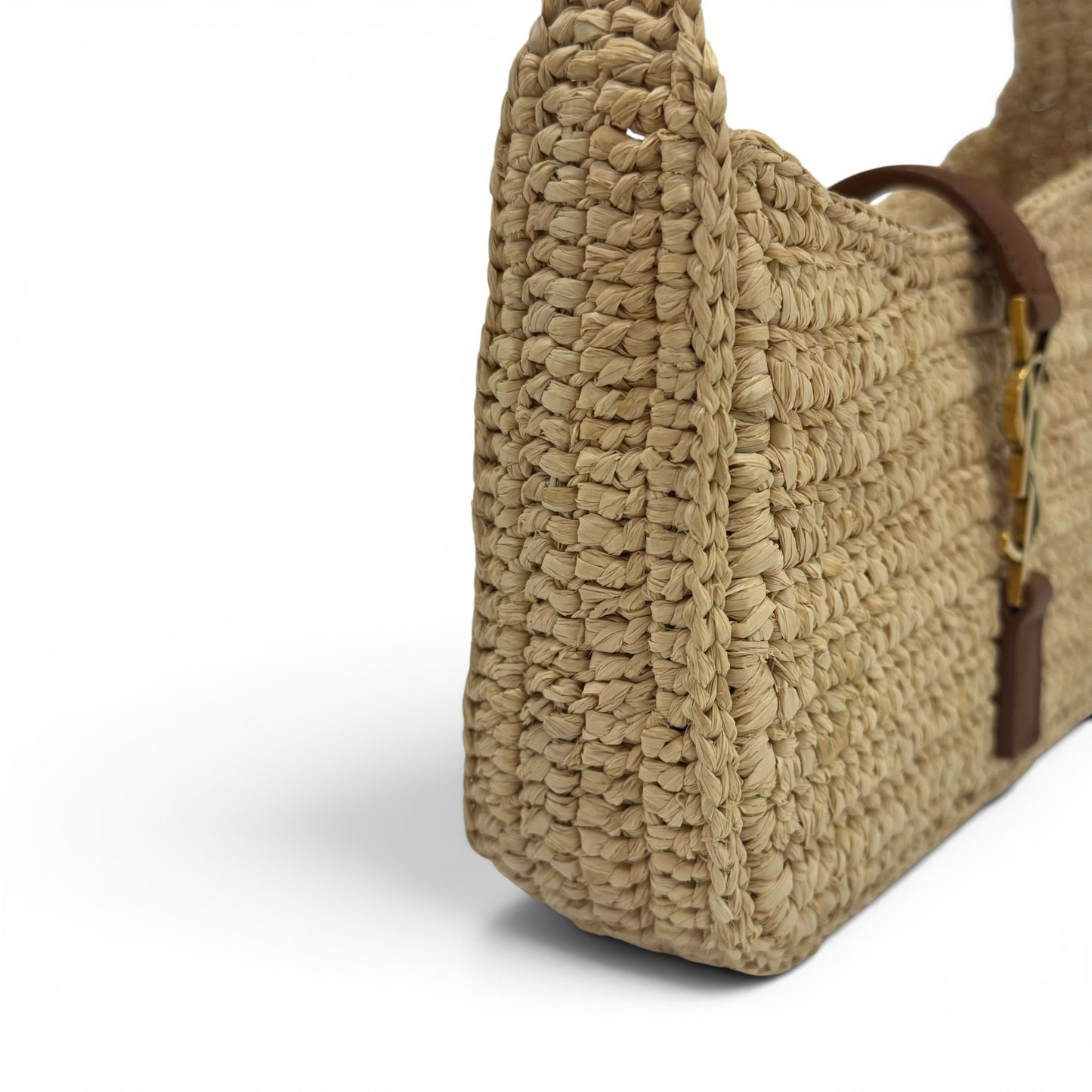 Borsa a spalla Borse Vintage in rafia intrecciata beige con dettagli in pelle cuoio e logo YSL dorato