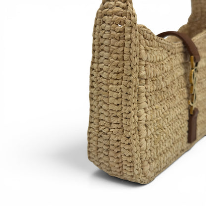 Borsa a spalla Borse Vintage in rafia intrecciata beige con dettagli in pelle cuoio e logo YSL dorato