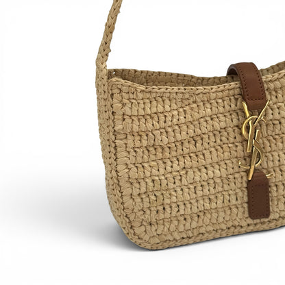Borsa a spalla Borse Vintage in rafia intrecciata beige con dettagli in pelle cuoio e logo YSL dorato.