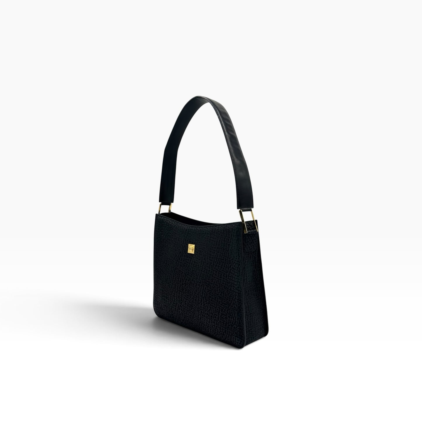 Borsa a spalla Borse Vintage Gianni Versace in pelle nera granulata con logo Medusa dorato e tracolla