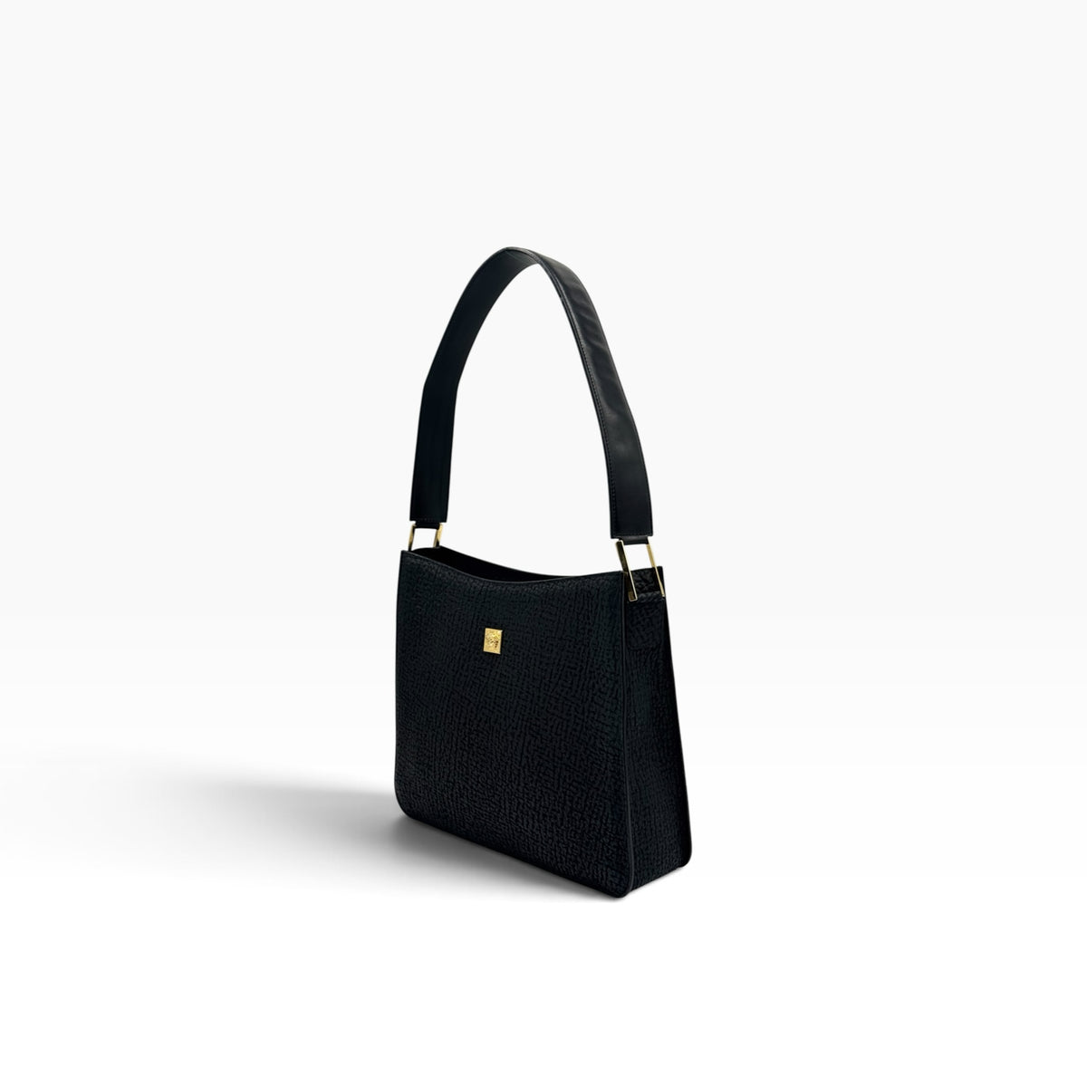 Borsa a spalla Borse Vintage Gianni Versace in pelle nera granulata con logo Medusa dorato e tracolla