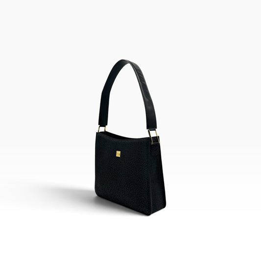Borsa a spalla Borse Vintage Gianni Versace in pelle nera granulata con logo Medusa dorato e tracolla
