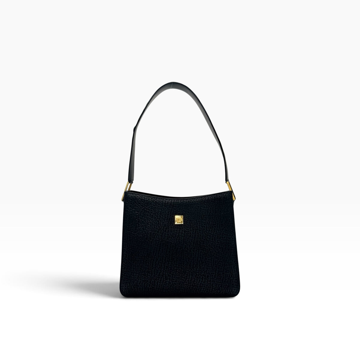 Borsa a spalla Borse Vintage Gianni Versace in pelle nera granulata con iconico dettaglio Medusa dorato