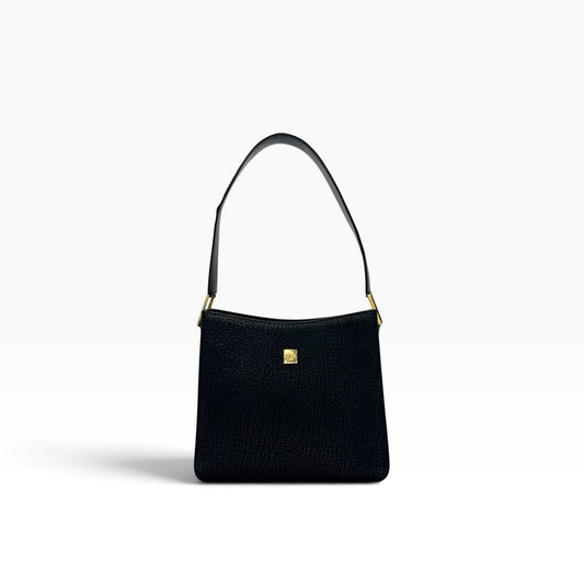 Borsa a spalla Borse Vintage Gianni Versace in pelle nera granulata con iconico dettaglio Medusa dorato