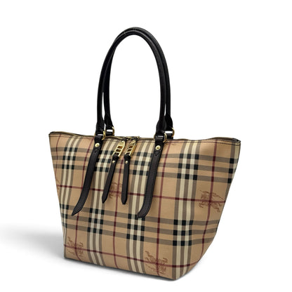 Borsa tote Borse Vintage in tela beige con iconico motivo a quadri, manici in pelle scura e dettagli dorati.
