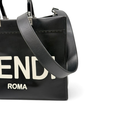 Borsa tote Fendi Shopping Bag nera in pelle con logo bianco a rilievo, proposta da Borse Vintage