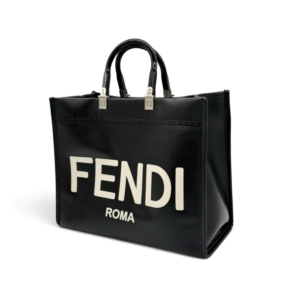 Borsa tote Fendi Shopping Bag di Borse Vintage in pelle nera con logo bianco in rilievo e dettagli argentati