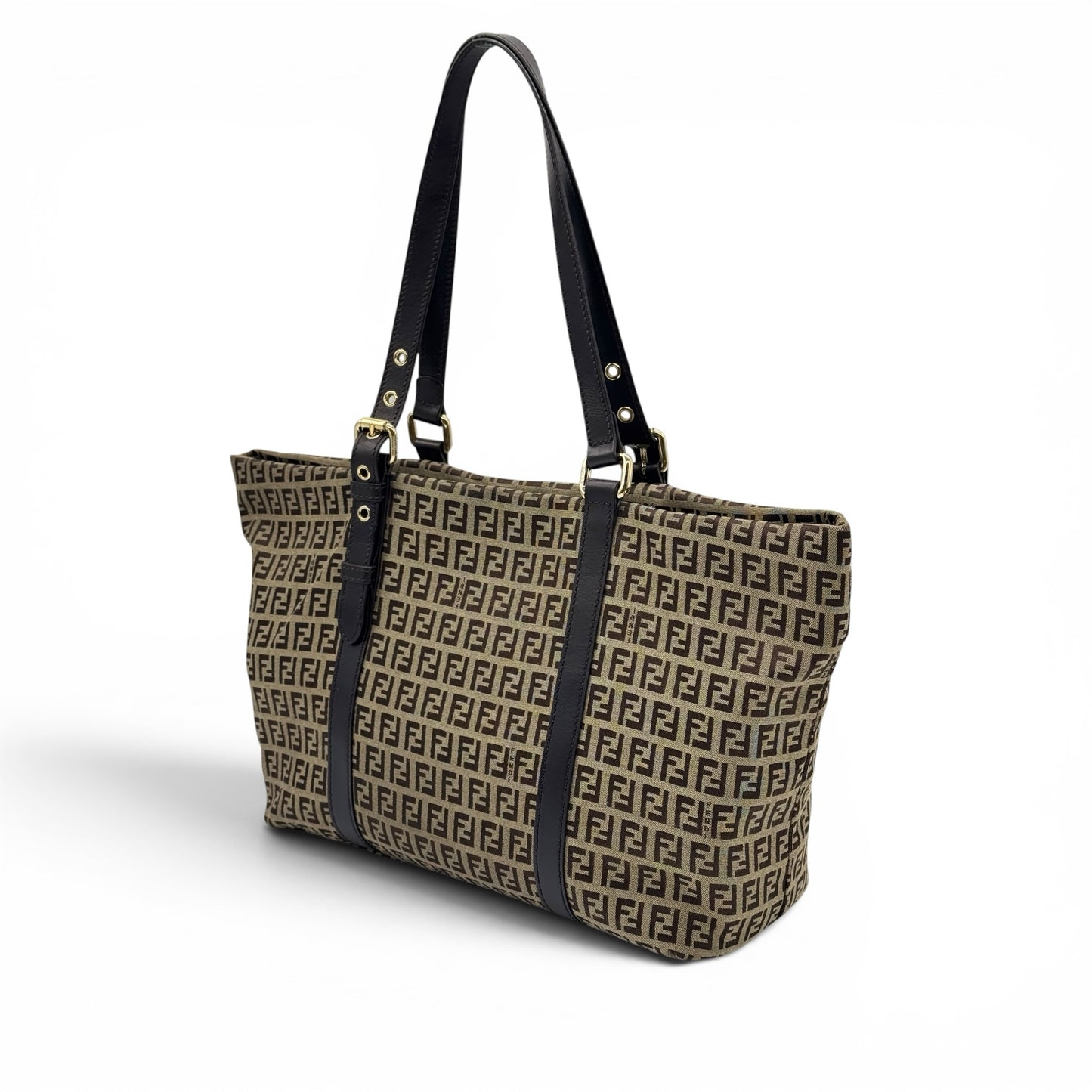 Borsa tote Borse Vintage Fendi con motivo Zucca, tessuto tecnico e manici in pelle marrone scuro con dettagli dorati.