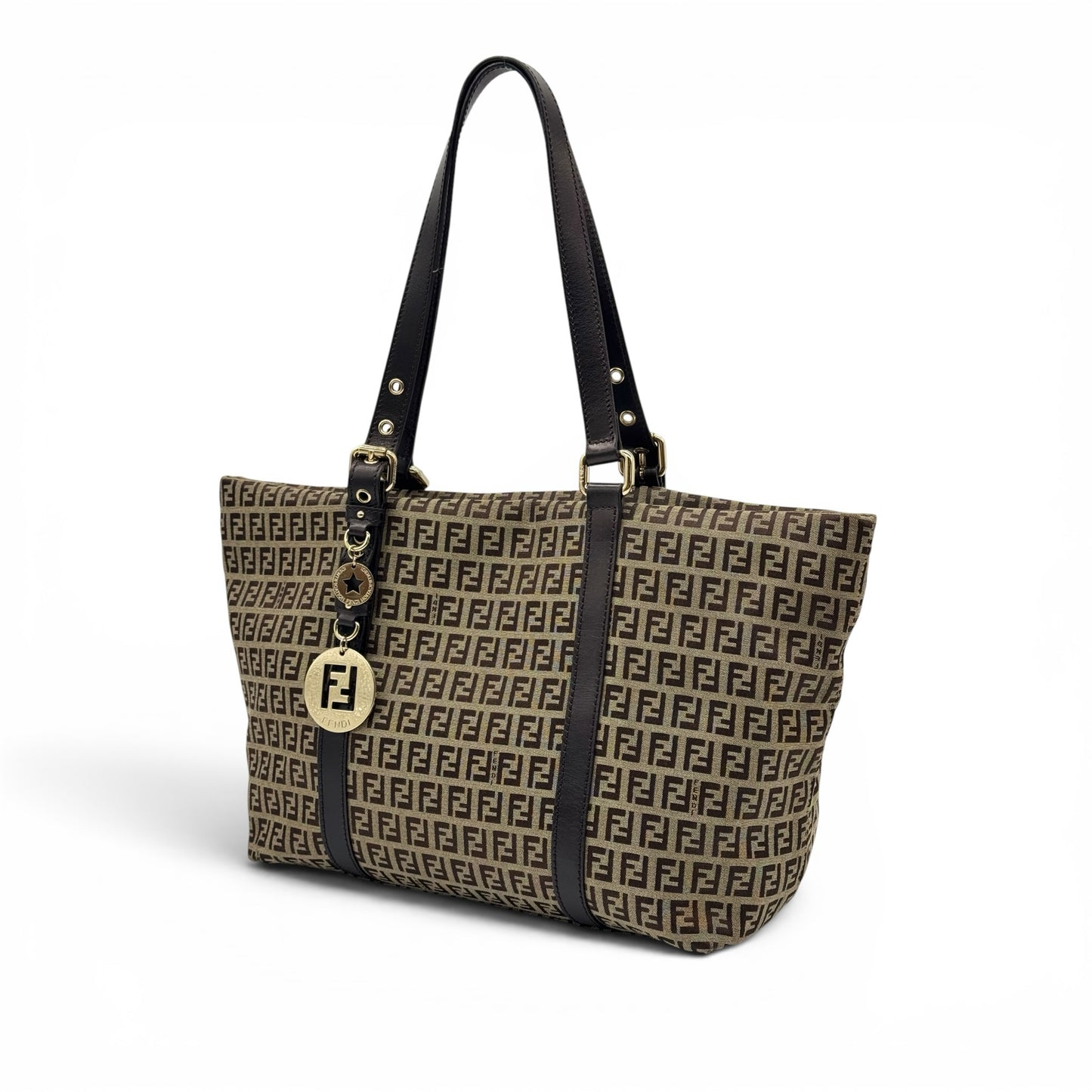 Borsa tote Borse Vintage Fendi in tessuto tecnico con motivo Zucca, dettagli in pelle marrone e ciondolo logo dorato