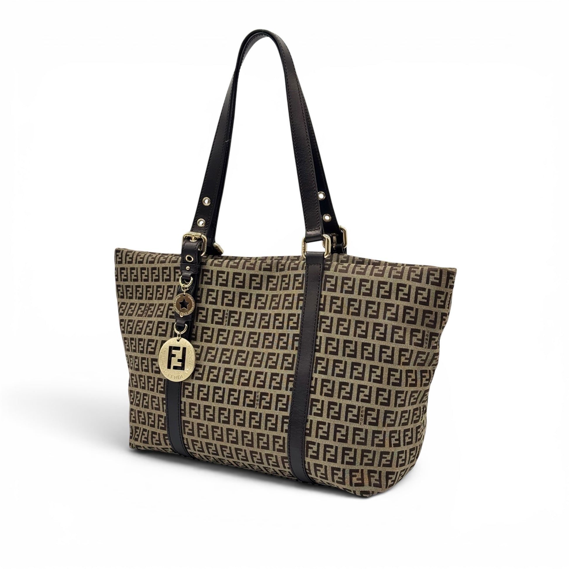 Borsa tote Borse Vintage Fendi in tessuto tecnico con motivo Zucca, dettagli in pelle marrone e ciondolo logo dorato