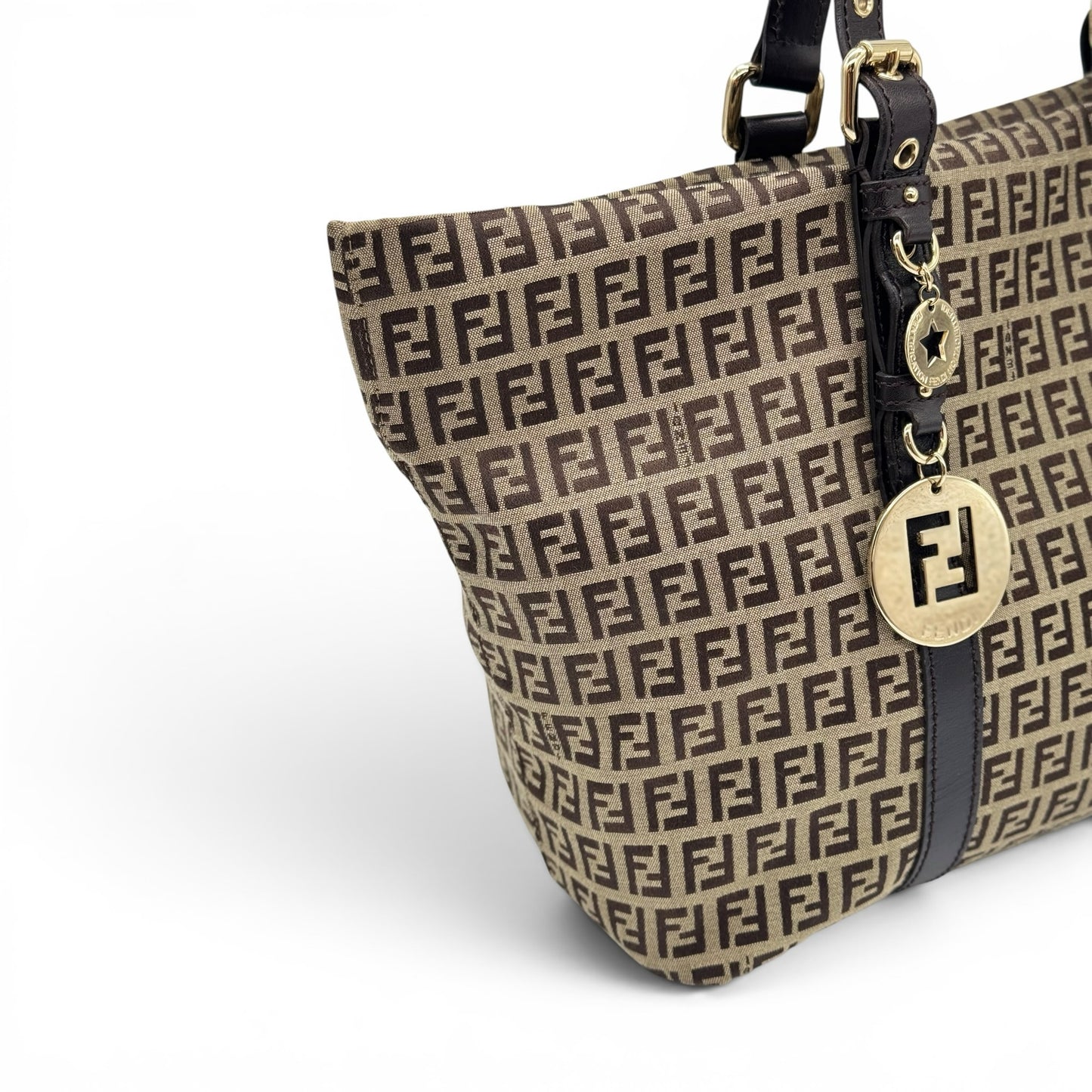 Borsa tote Borse Vintage Fendi in tessuto con motivo Zucca marrone, dettagli in pelle e ciondolo con logo dorato.