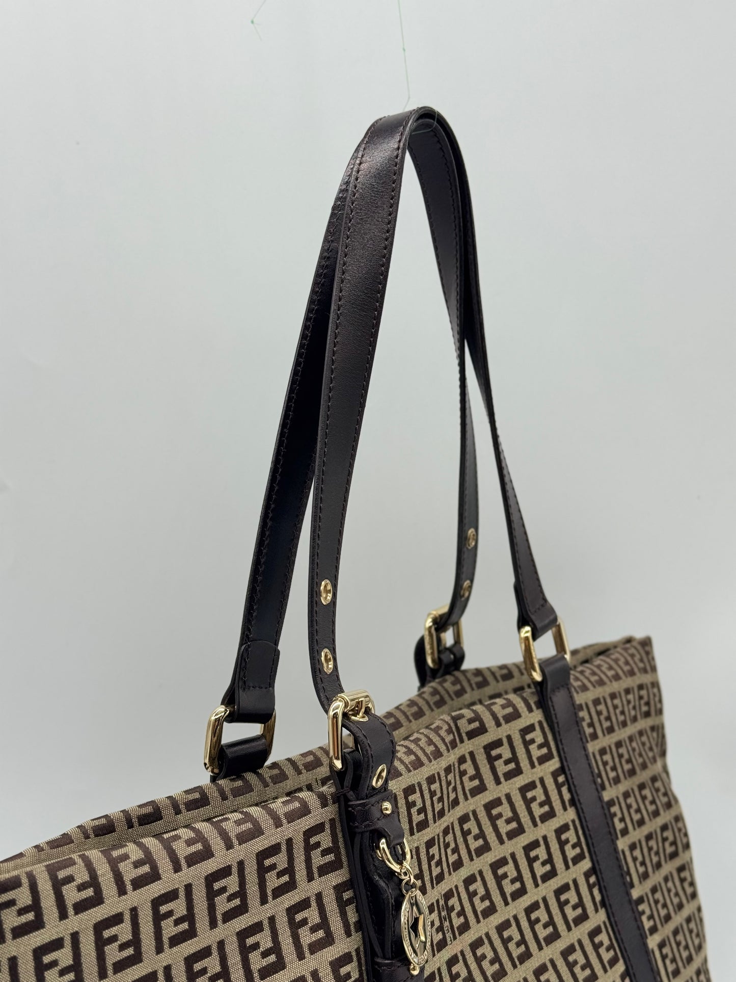 Borsa tote Borse Vintage Fendi con motivo Zucca, tessuto tecnico e manici in pelle marrone con dettagli dorati