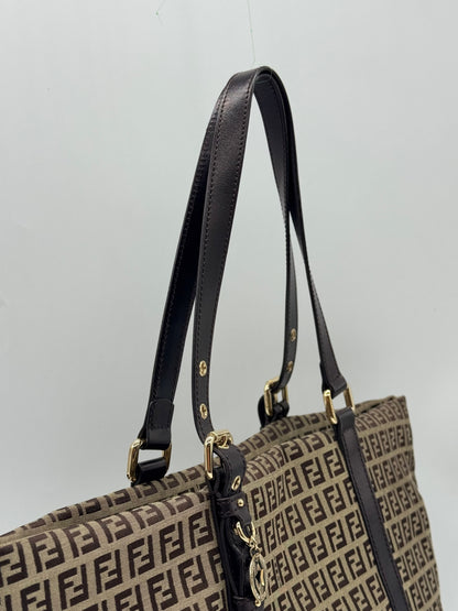 Borsa tote Borse Vintage Fendi con motivo Zucca, tessuto tecnico e manici in pelle marrone con dettagli dorati