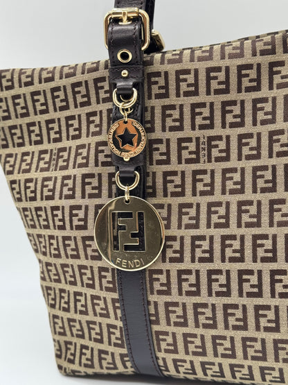 Borsa tote Borse Vintage Fendi in tessuto tecnico con motivo Zucca marrone, dettagli in pelle e ciondolo logo dorato