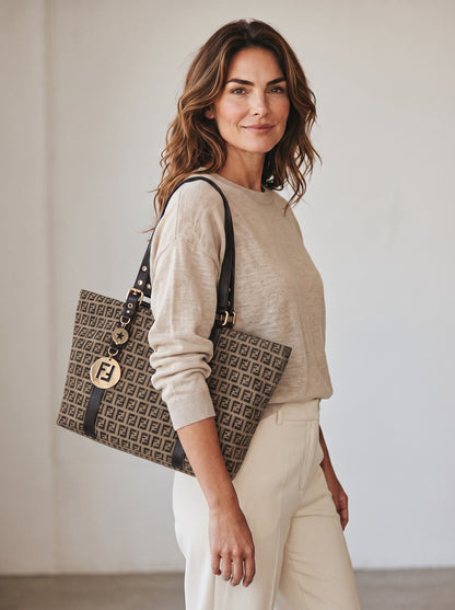 Modella indossa una borsa tote Borse Vintage Fendi con motivo Zucca, dettagli in pelle marrone e logo dorato.