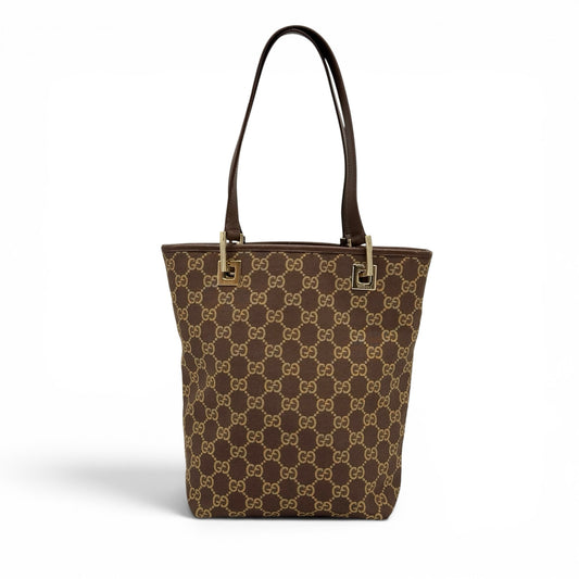 Borsa tote Borse Vintage Gucci in tessuto GG Supreme marrone con manici in pelle e dettagli in metallo dorato