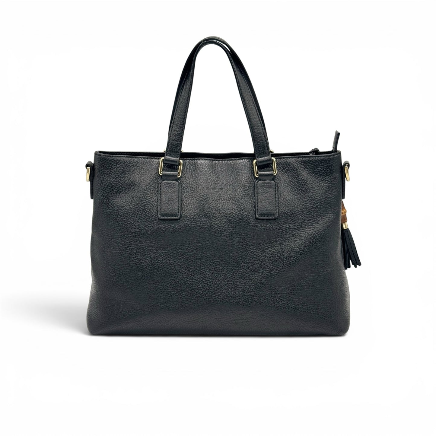 Borsa tote Borse Vintage Gucci in pelle nera martellata con dettagli dorati e ciondolo con nappe e bambù