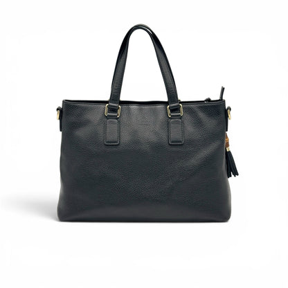 Borsa tote Borse Vintage Gucci in pelle nera martellata con dettagli dorati e ciondolo con nappe e bambù