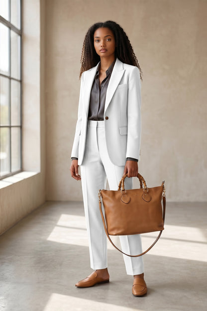 Modella in completo bianco con borsa tote Borse Vintage Gucci in pelle color cuoio e manici in bambù.