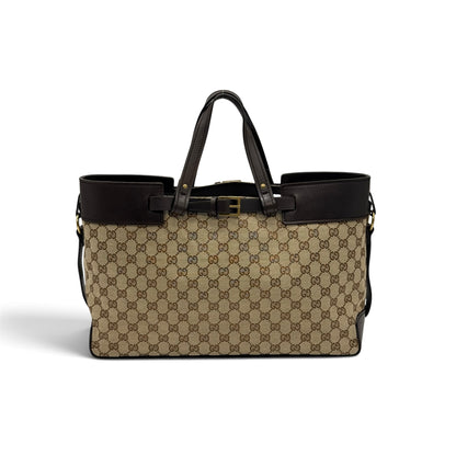 Borsa tote Borse Vintage Gucci in tela GG Supreme beige con finiture in pelle marrone e fibbia dorata