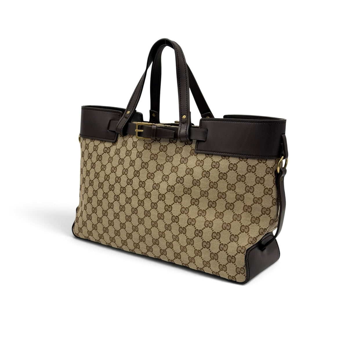 Borsa tote Borse Vintage Gucci in tela GG Supreme beige con finiture in pelle marrone e fibbia in metallo dorato