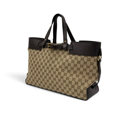 Borsa tote Borse Vintage Gucci in tela GG Supreme beige con finiture in pelle marrone e fibbia in metallo dorato