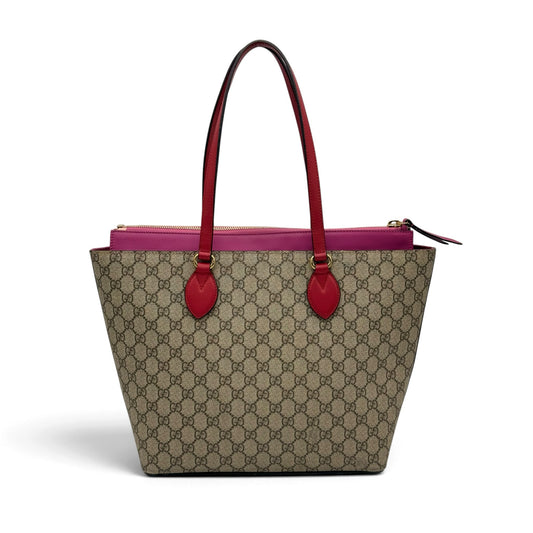 Borsa tote Borse Vintage Gucci in tela GG Supreme beige con finiture e manici in pelle rossa e fucsia