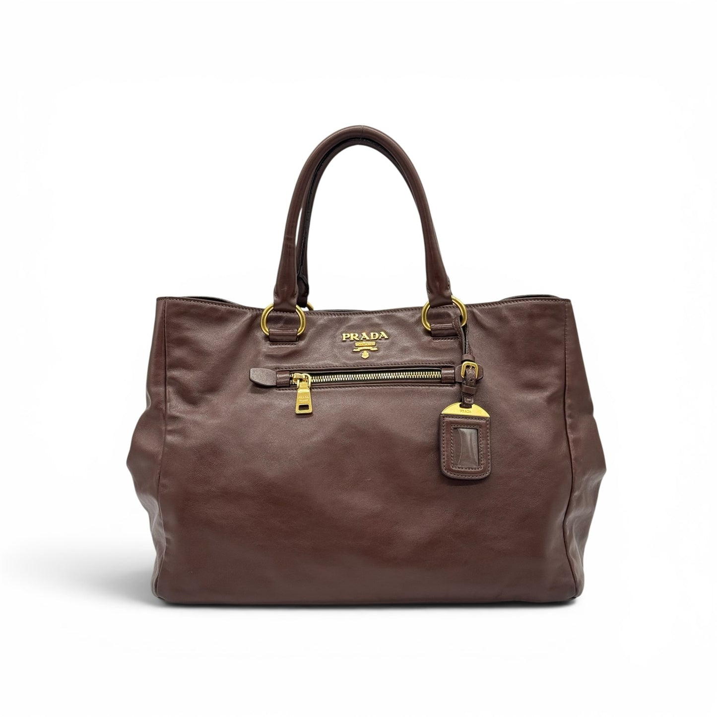 Borsa tote Borse Vintage Prada in pelle marrone con dettagli in metallo dorato, tasca frontale e logo iconico.