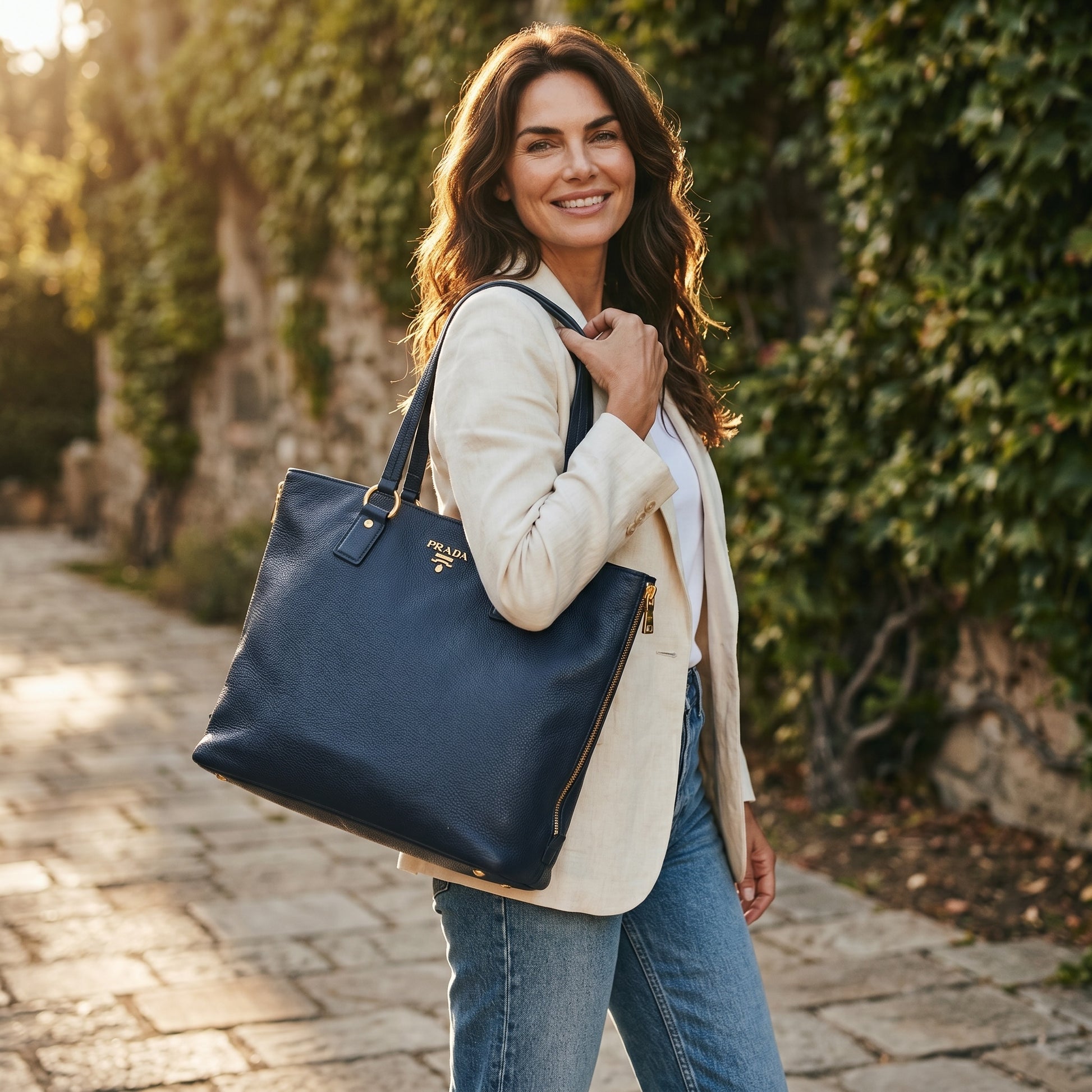 Donna sorridente indossa una borsa tote Prada in pelle martellata nera con dettagli dorati su una strada acciottolata.