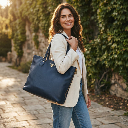 Donna sorridente indossa una borsa tote Prada in pelle martellata nera con dettagli dorati su una strada acciottolata.