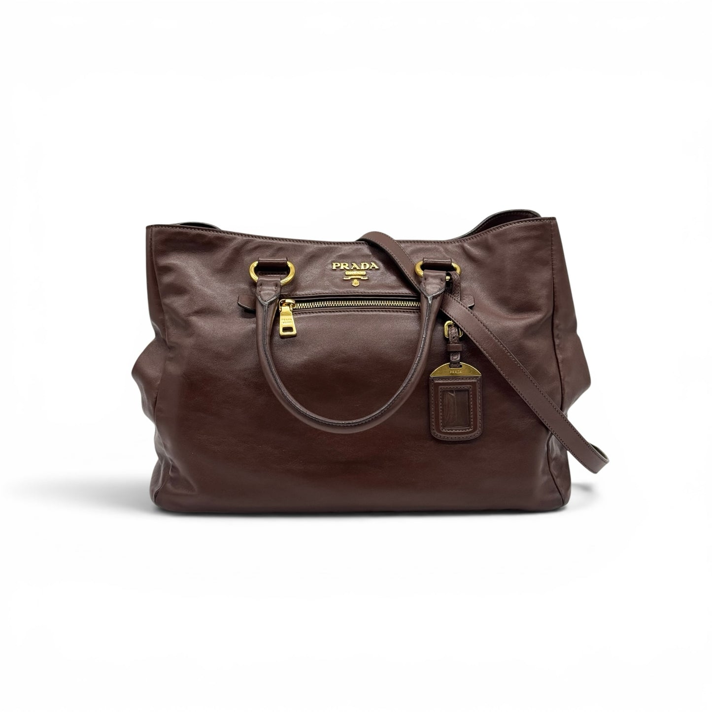 Borsa tote Borse Vintage Prada in pelle marrone con dettagli in metallo dorato, tasca frontale e tracolla rimovibile.