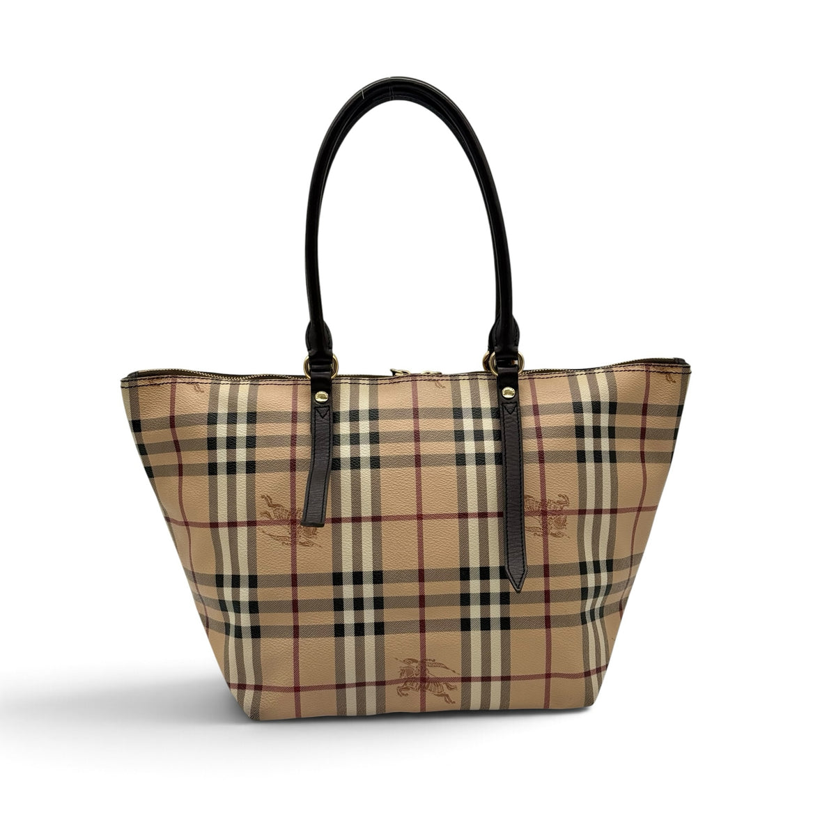 Borsa tote Borse Vintage in tela con iconico motivo a quadri beige, nero e rosso e manici in pelle scura.