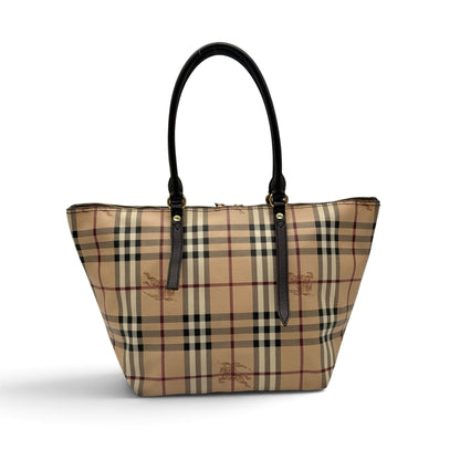 Borsa tote Borse Vintage in tela con iconico motivo a quadri beige, nero e rosso e manici in pelle scura.