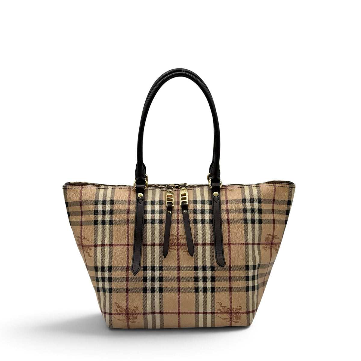 Borsa tote Borse Vintage in tela a quadri beige con manici in pelle scura e dettagli in metallo dorato