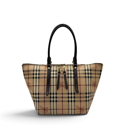 Borsa tote Borse Vintage in tela a quadri beige con manici in pelle scura e dettagli in metallo dorato