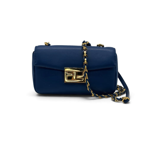 Borsa a tracolla Borse Vintage Fendi in pelle blu con chiusura metallica dorata e catena intrecciata