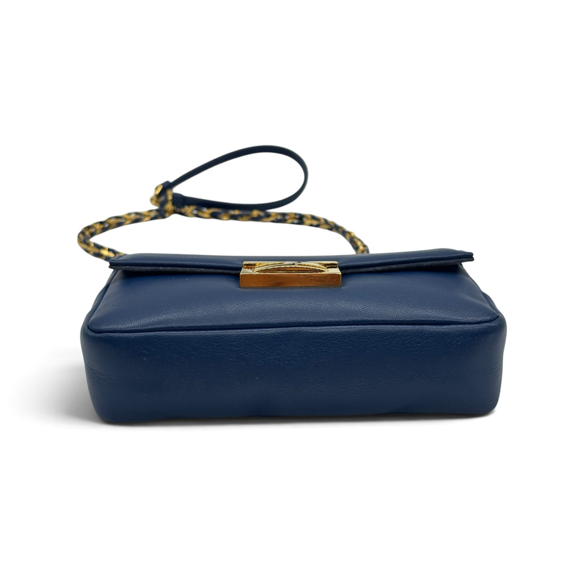 Borsa a tracolla Borse Vintage Fendi in pelle blu con chiusura metallica dorata e tracolla a catena intrecciata