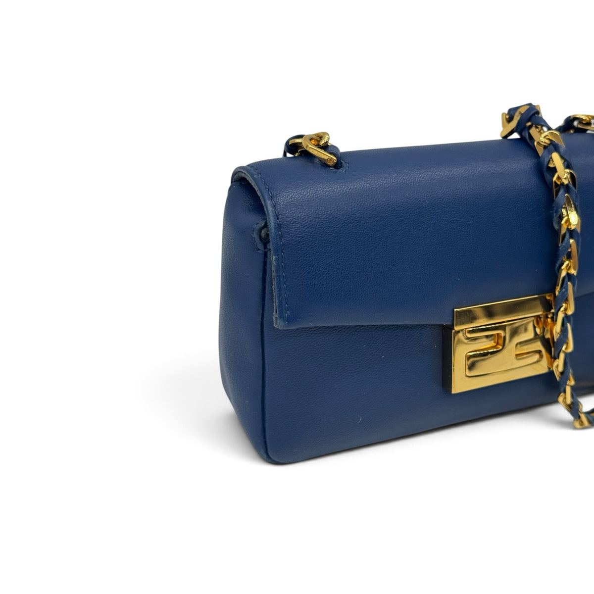 Borsa a tracolla Borse Vintage Fendi in pelle blu con chiusura metallica dorata e tracolla a catena intrecciata