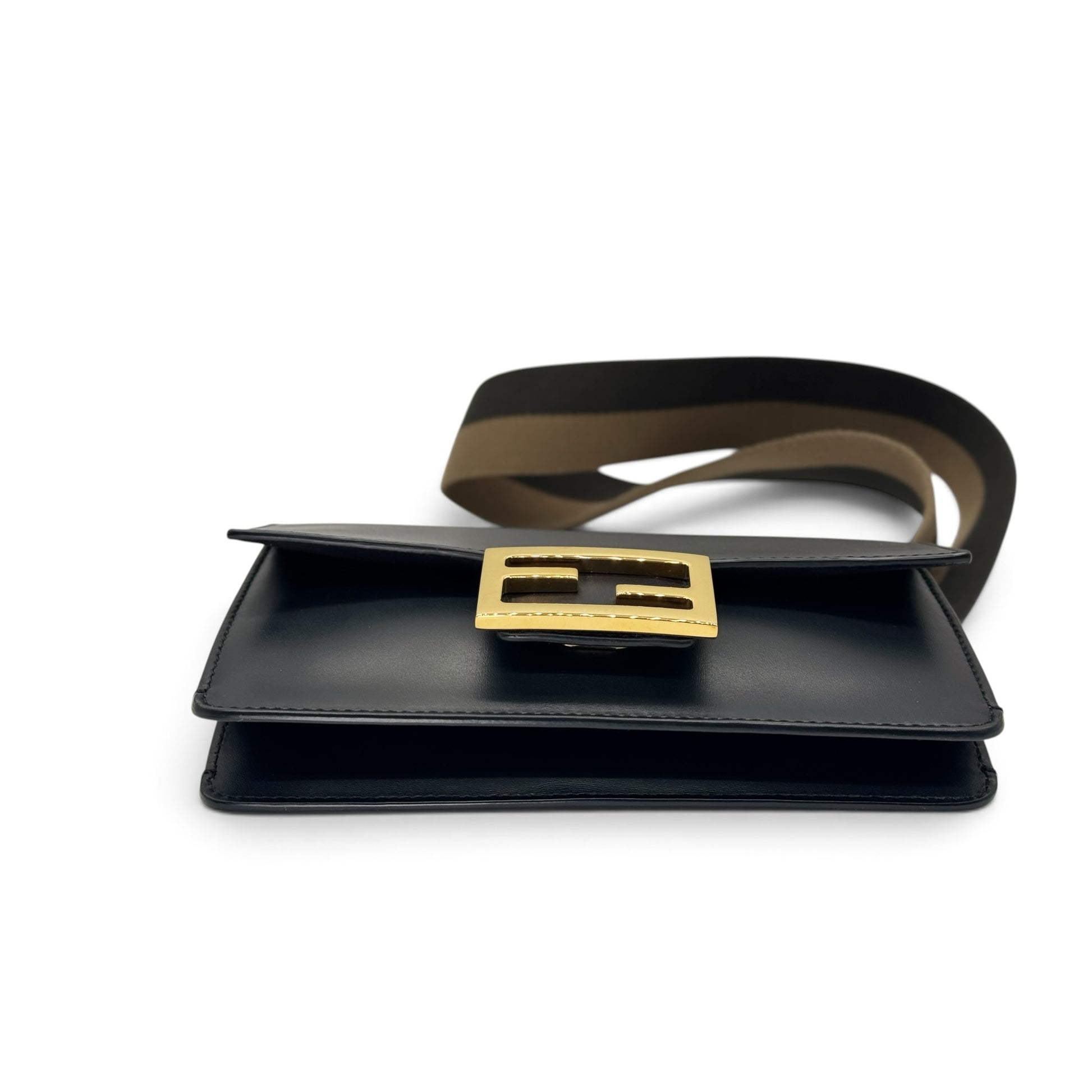 Borsa a tracolla Borse Vintage Fendi in pelle nera con logo FF dorato e tracolla in tessuto a contrasto