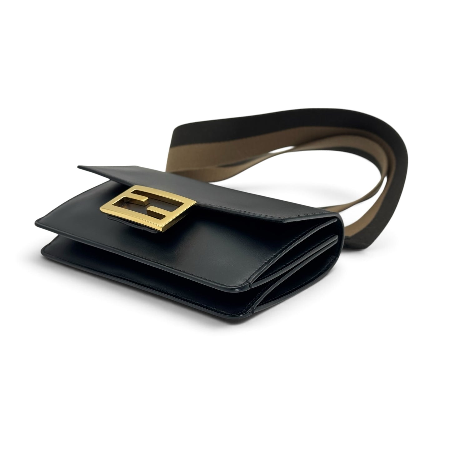 Borsa a tracolla Borse Vintage Fendi in pelle nera con logo FF dorato e tracolla in tessuto a contrasto