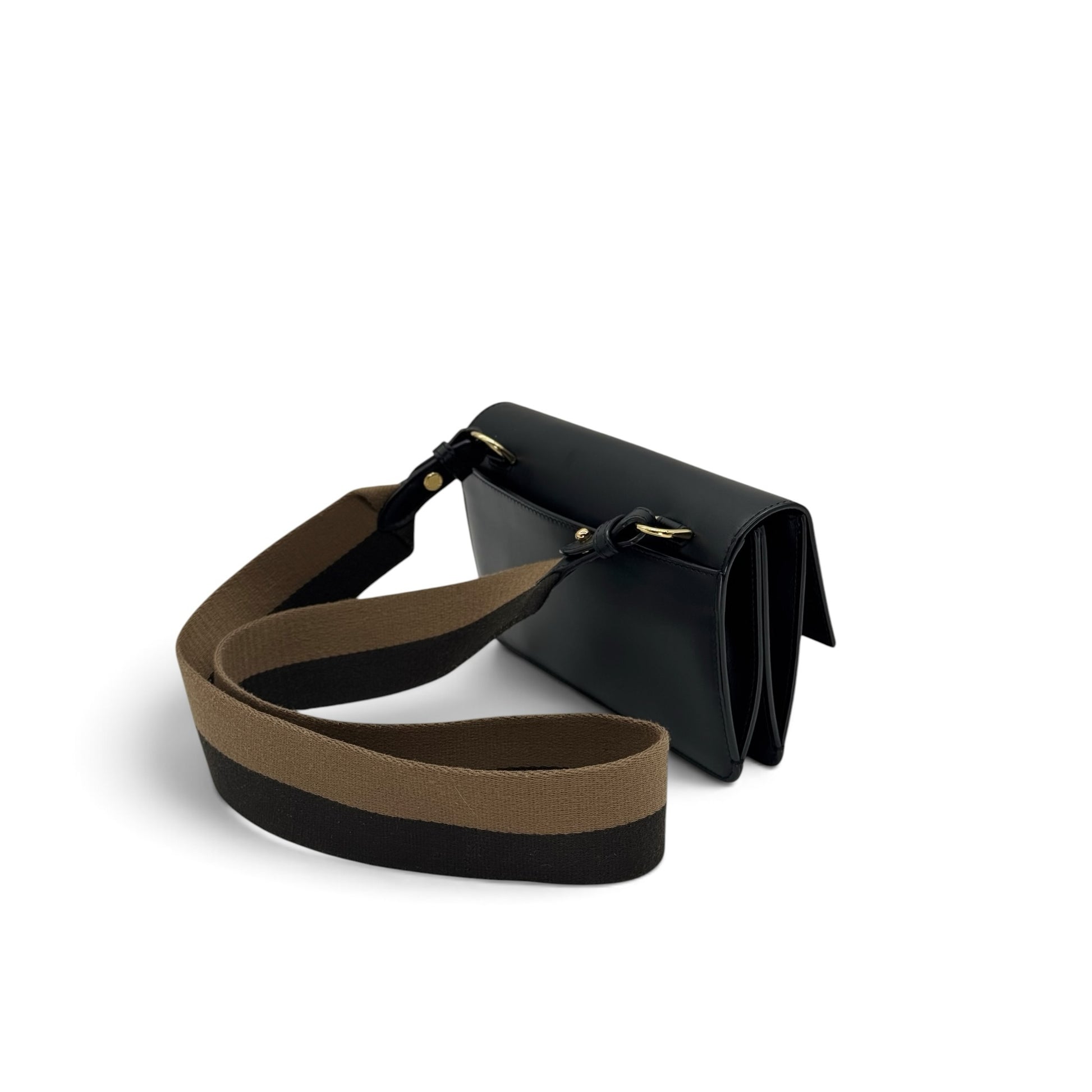 Borsa a tracolla Borse Vintage Fendi in pelle nera con tracolla in tessuto a righe marroni e nere e dettagli dorati
