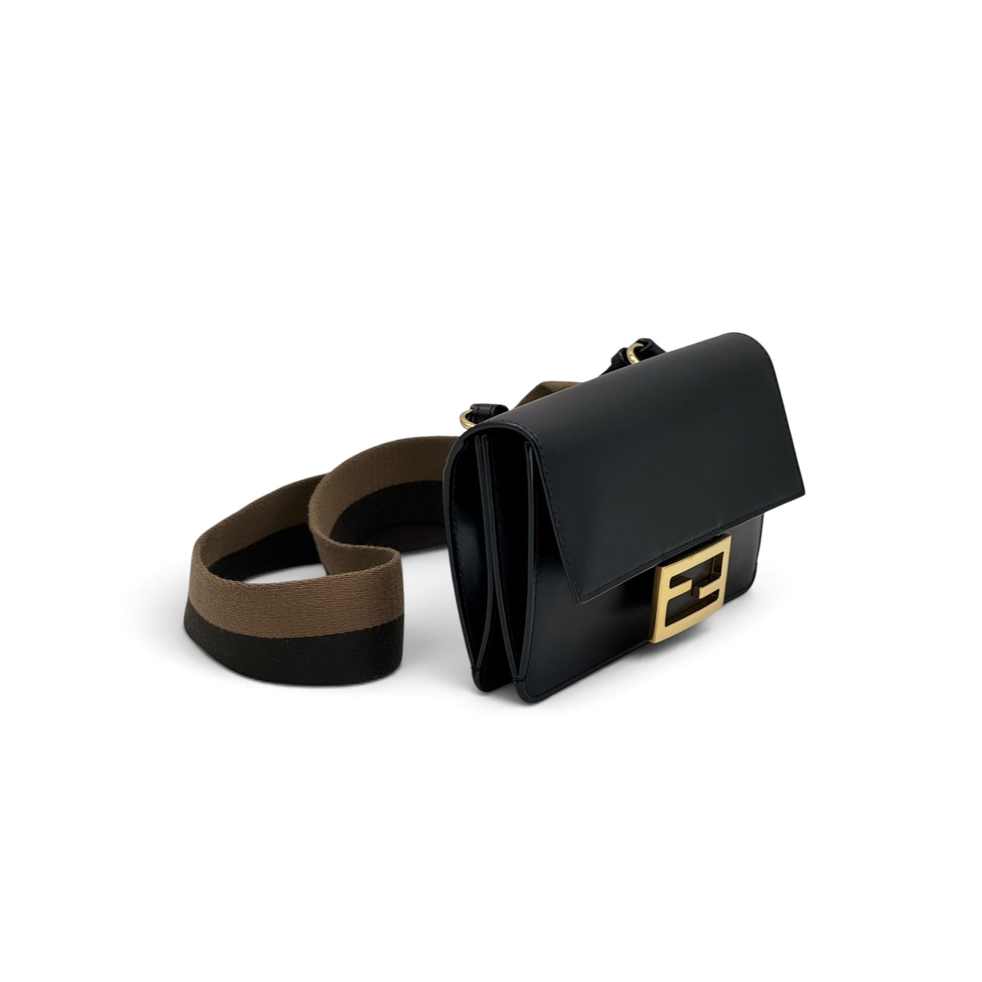 Borsa a tracolla Borse Vintage Fendi in pelle nera liscia con logo FF dorato e tracolla in tessuto bicolore