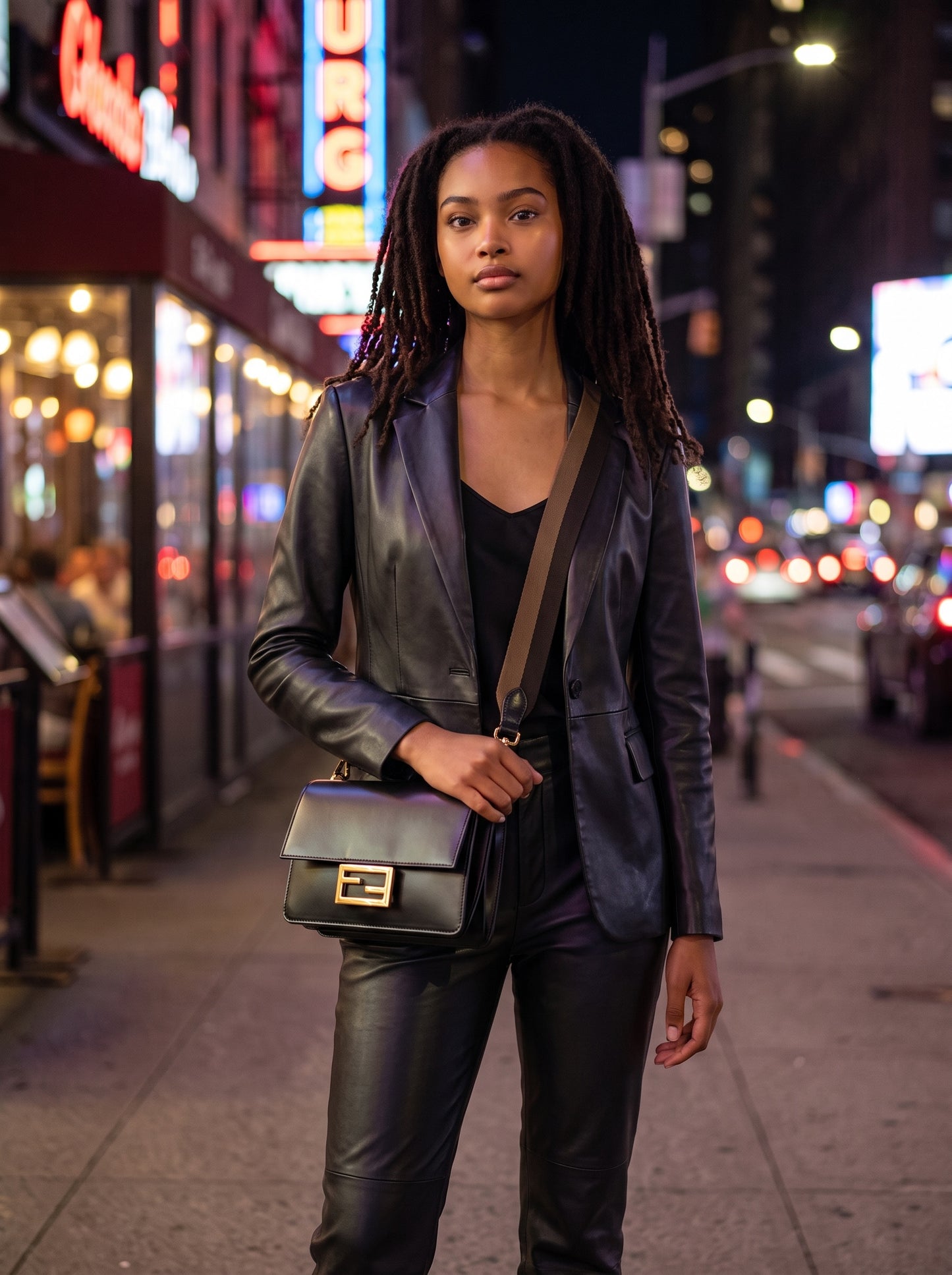 Modella con borsa a tracolla Borse Vintage Fendi in pelle nera con logo FF dorato e tracolla in tessuto a contrasto
