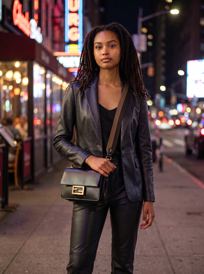 Modella con borsa a tracolla Borse Vintage Fendi in pelle nera con logo FF dorato e tracolla in tessuto a contrasto