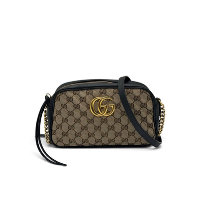 Borsa a tracolla Borse Vintage Gucci Marmont in tela GG Supreme beige e pelle nera con logo GG dorato e catena