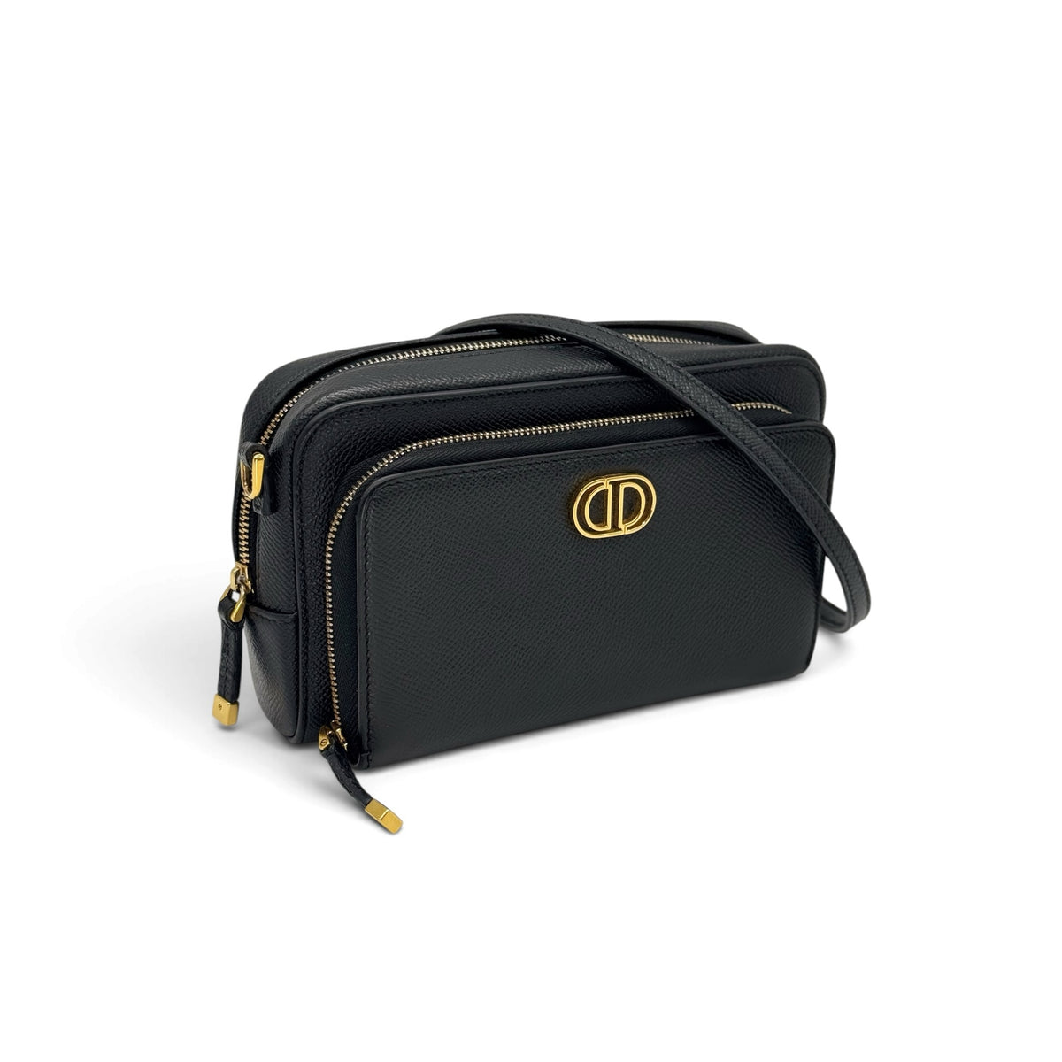 Borsa a tracolla Borse Vintage nera in pelle granulata con logo CD dorato e doppia chiusura a zip
