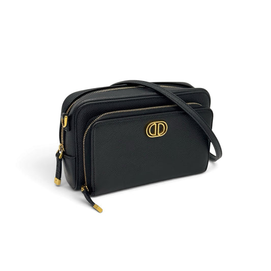 Borsa a tracolla Borse Vintage nera in pelle granulata con logo CD dorato e doppia chiusura a zip