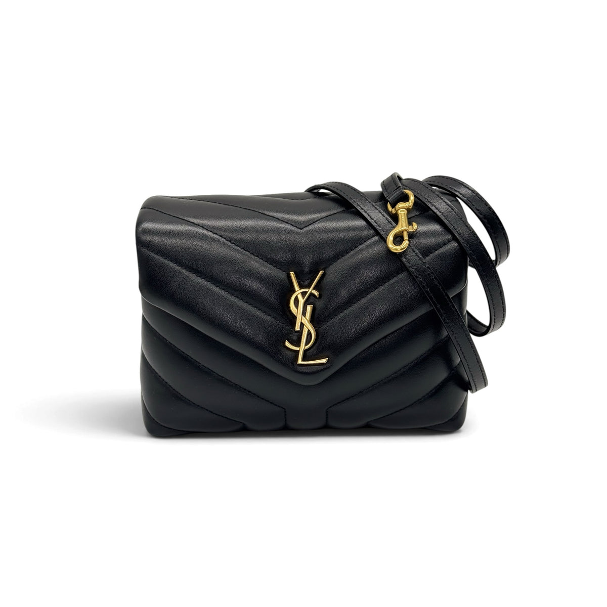 Borsa a tracolla Borse Vintage Saint Laurent in pelle nera trapuntata a chevron con logo metallico dorato