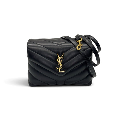 Borsa a tracolla Borse Vintage Saint Laurent in pelle nera trapuntata a chevron con logo metallico dorato