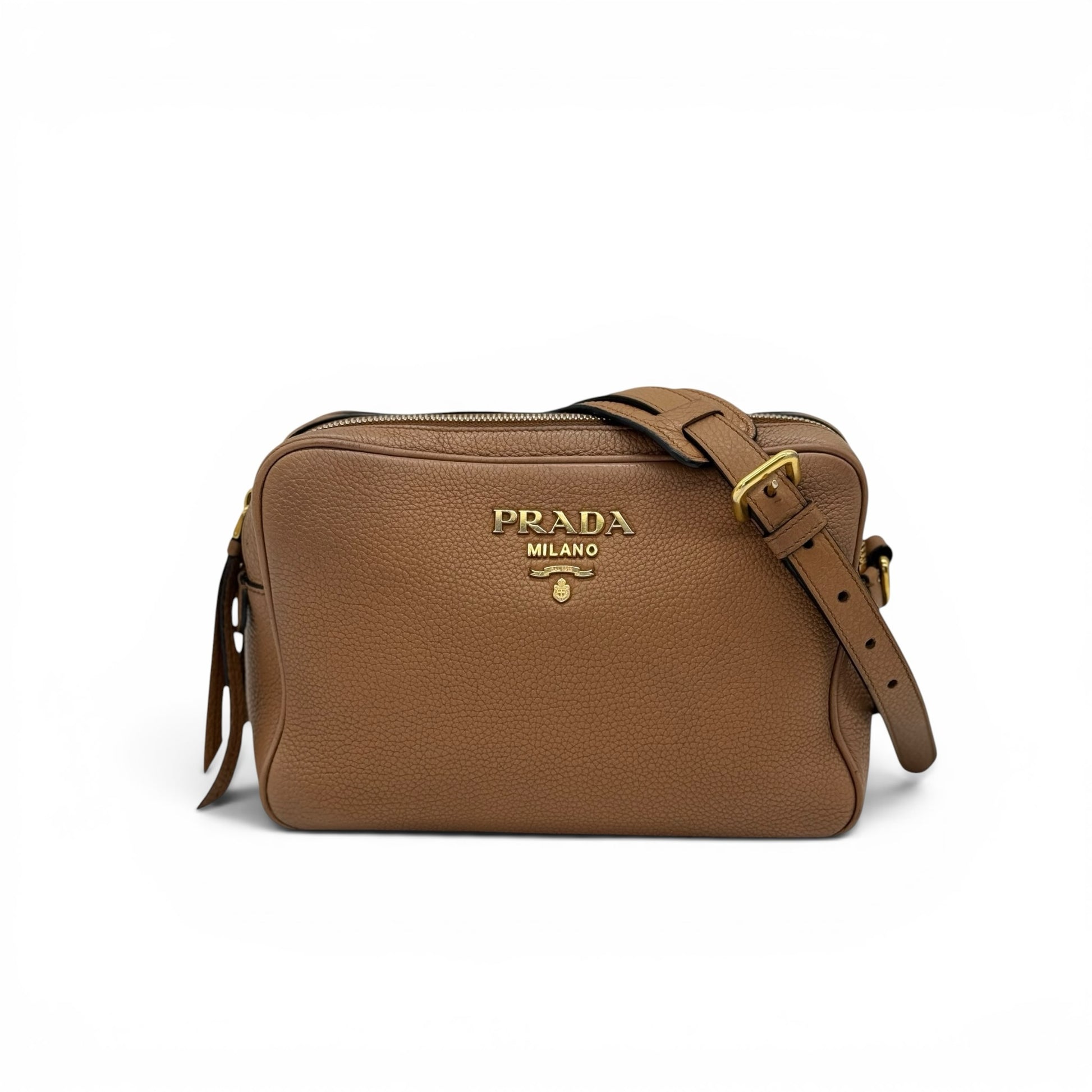 Borsa a tracolla Borse Vintage Prada in pelle martellata marrone con logo dorato e chiusura a zip